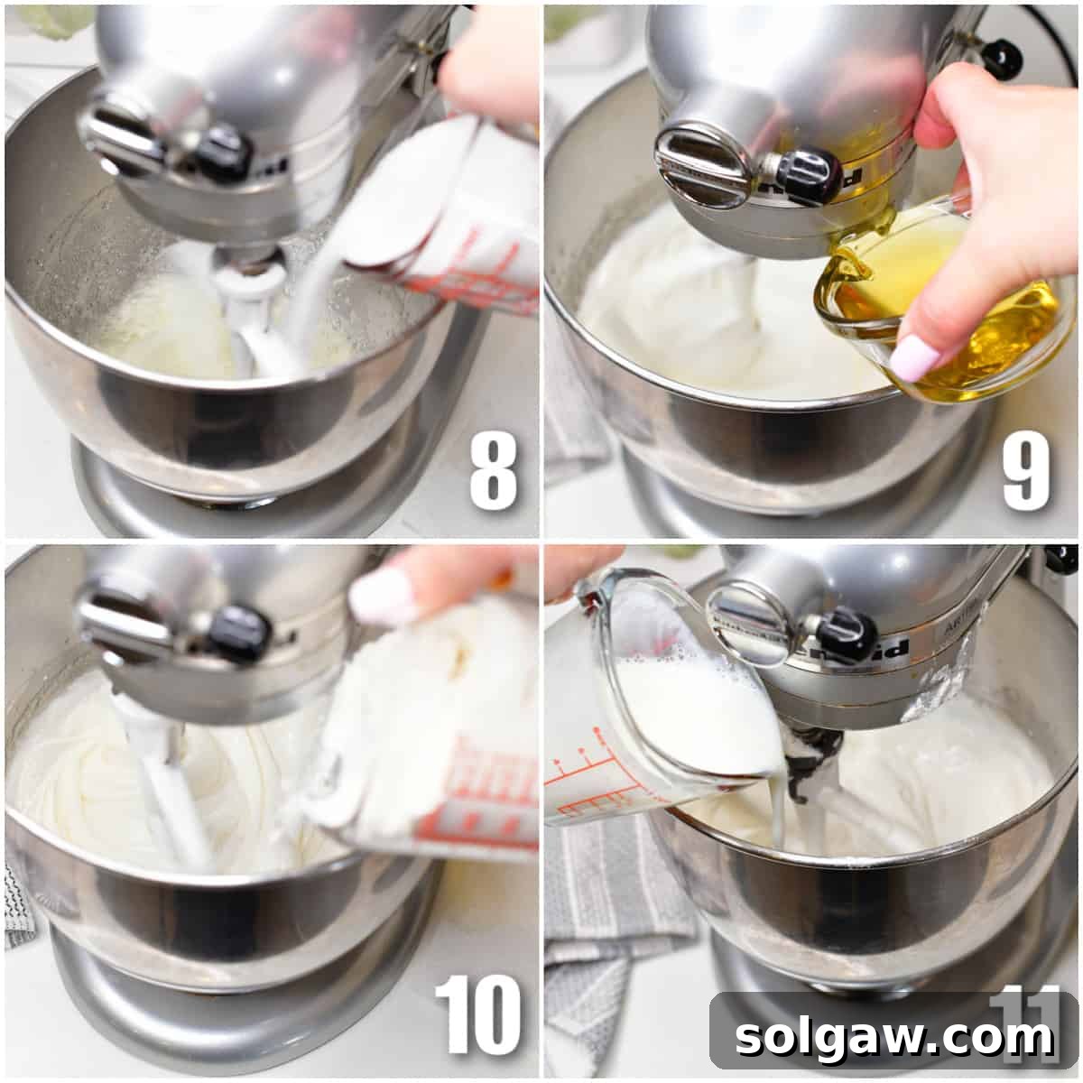 collage of four images of mixing up the cupcake batter in a stand mixer.
