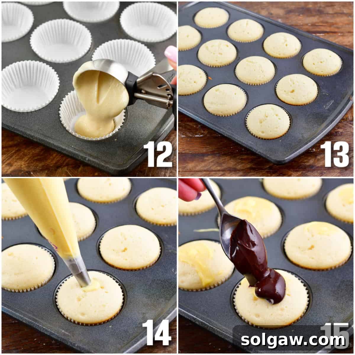Collage of four images of pouring batter into cupcake tins, baking cupcakes, adding Boston cream into the cupcakes and then adding frosting to the top.