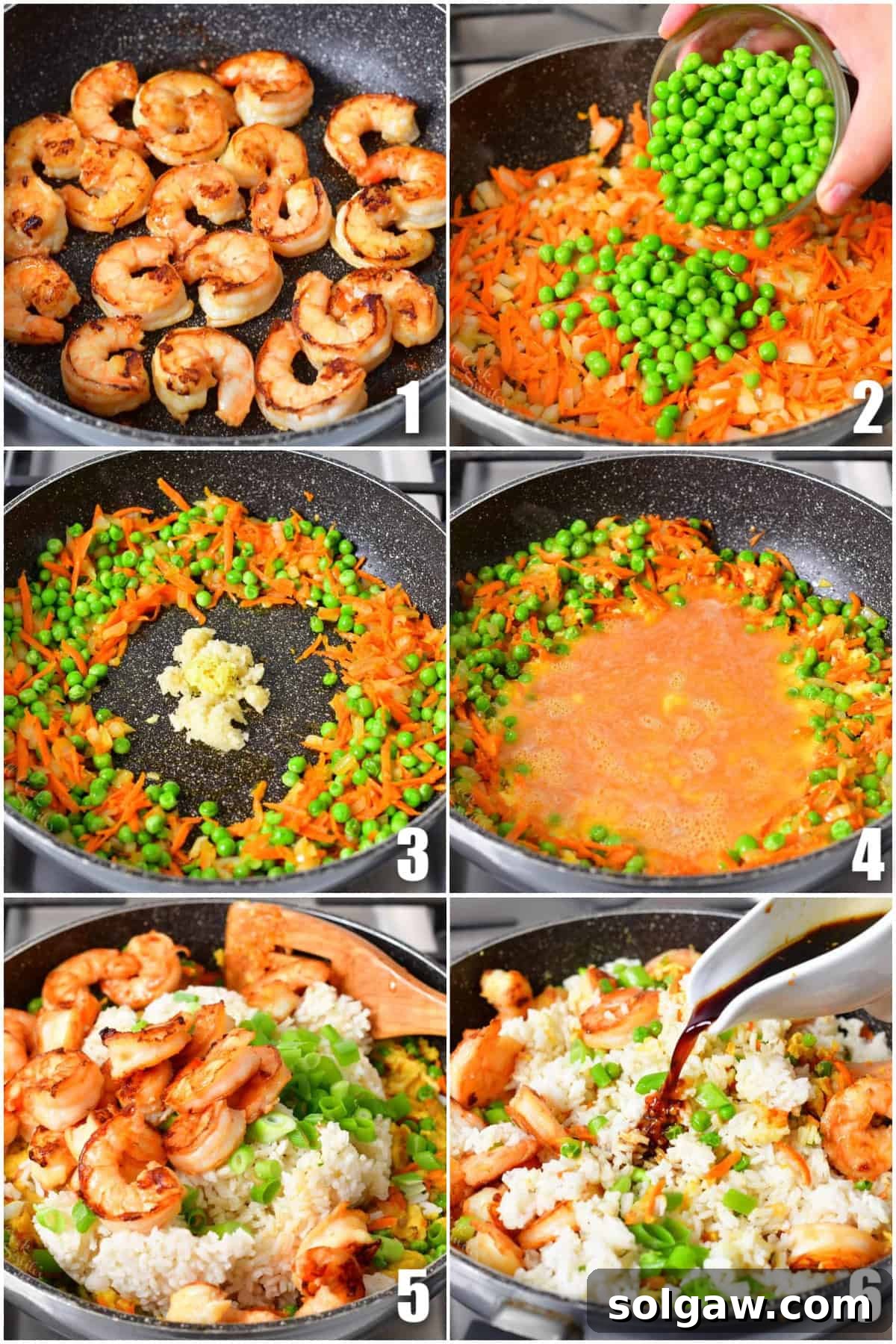 collage of six images of cooking steps to make veggies, rice, and sauce for shrimp fried rice.