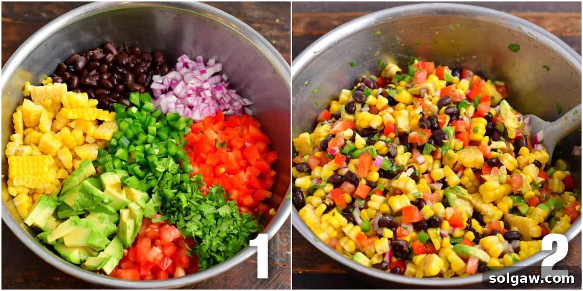 two image collage of ingredients for the corn salad in a bowl and mixed together.