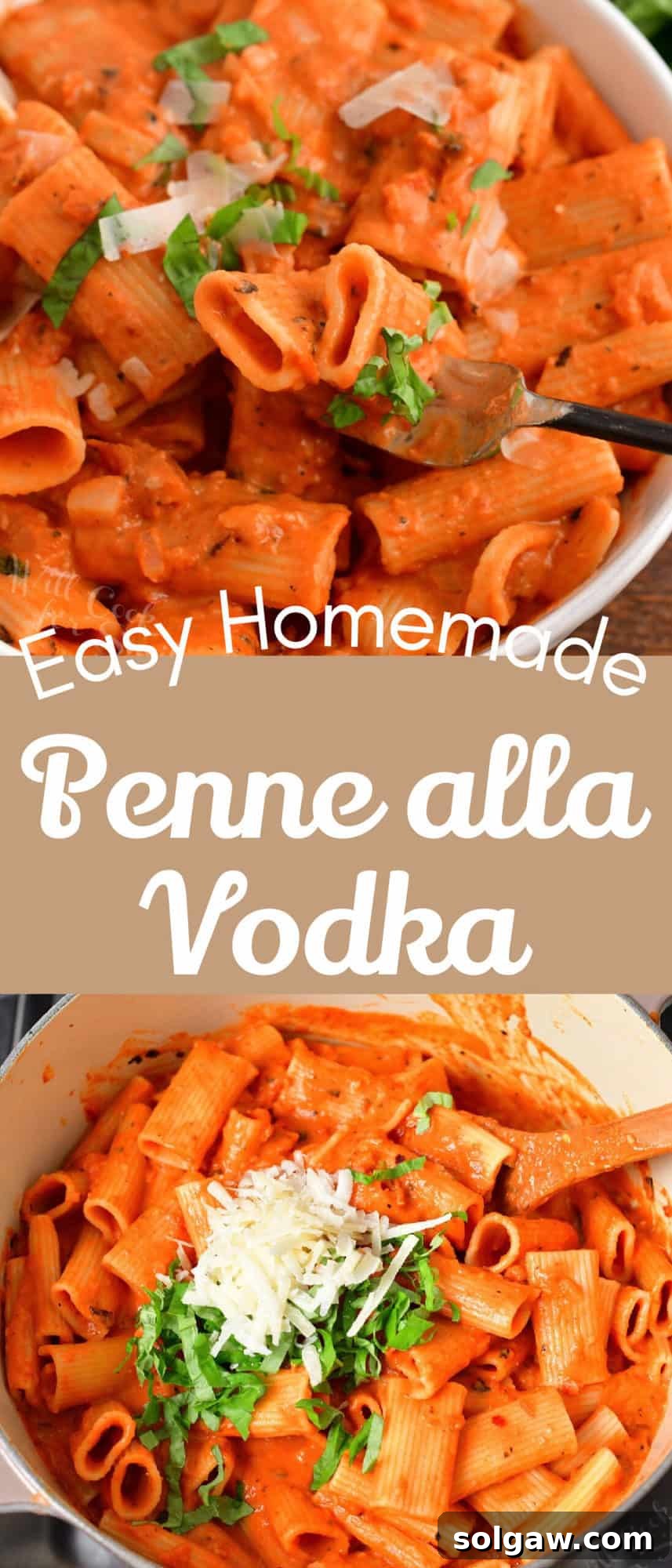 Creamy Tomato Vodka Penne 12 collage of two images of close up penne alla vodka and penne in a pot