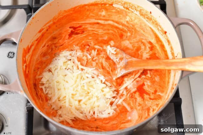 Creamy Tomato Vodka Penne 6 Parmesan and cream are being stirred into a pot.