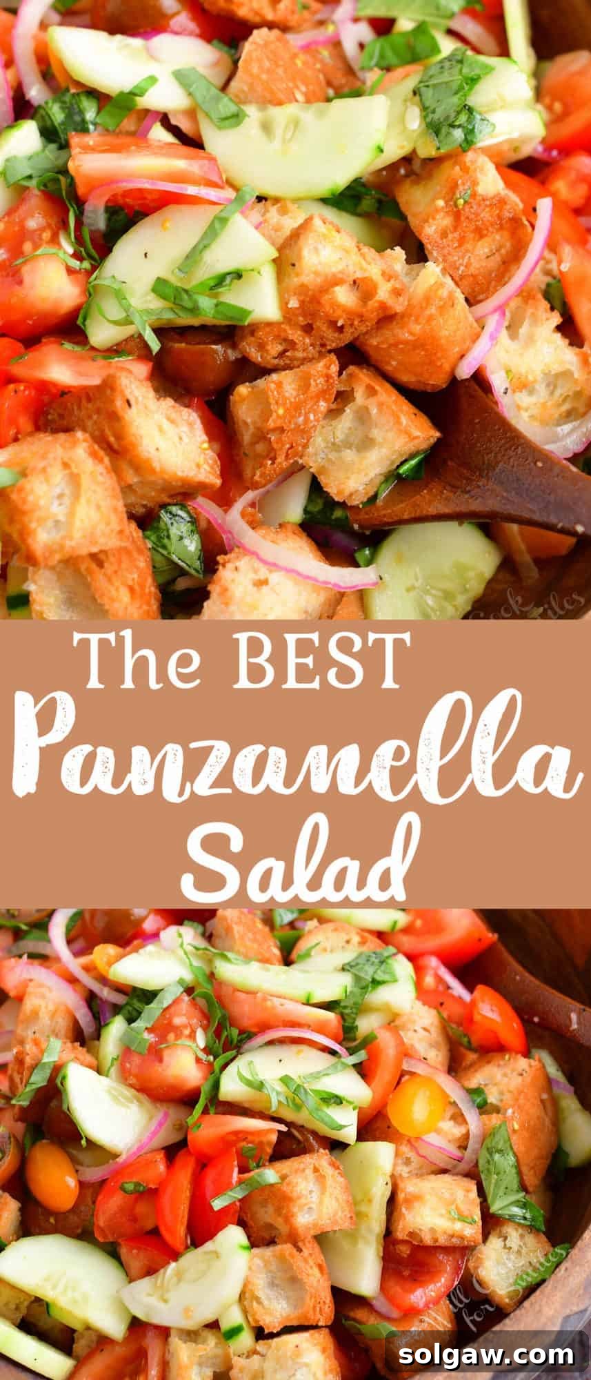 Collage of two images: a close-up of Panzanella salad and the salad served in a bowl.