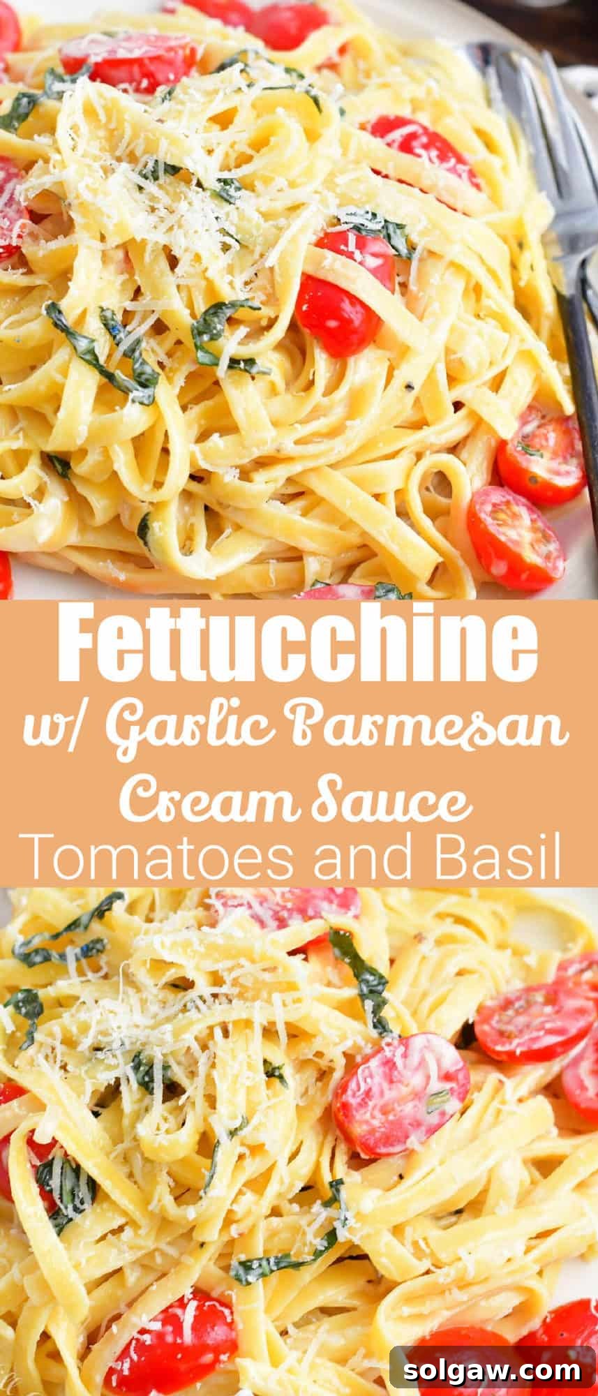 A collage of two close-up images of creamy pasta with tomatoes and a title in the middle, showcasing the deliciousness of the dish.