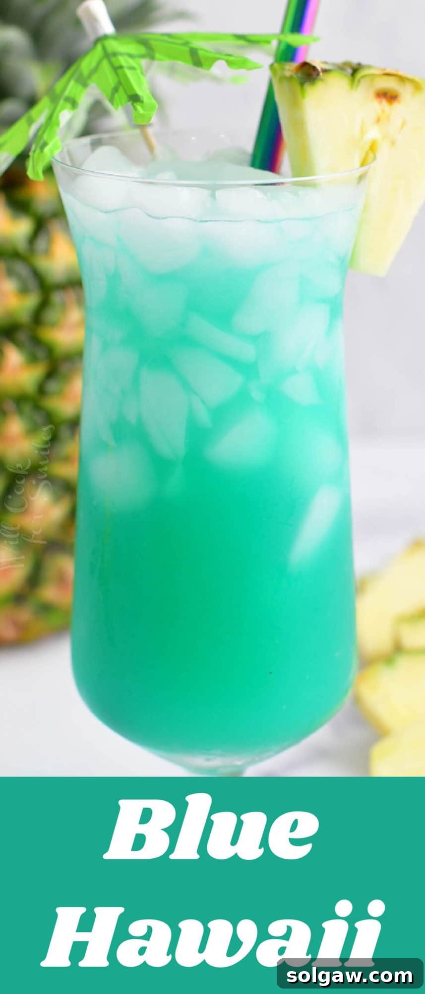 A vibrant collage showing a Blue Hawaii cocktail in a glass, with text overlay 'Blue Hawaii Drink', ideal for social media sharing and pinboards.