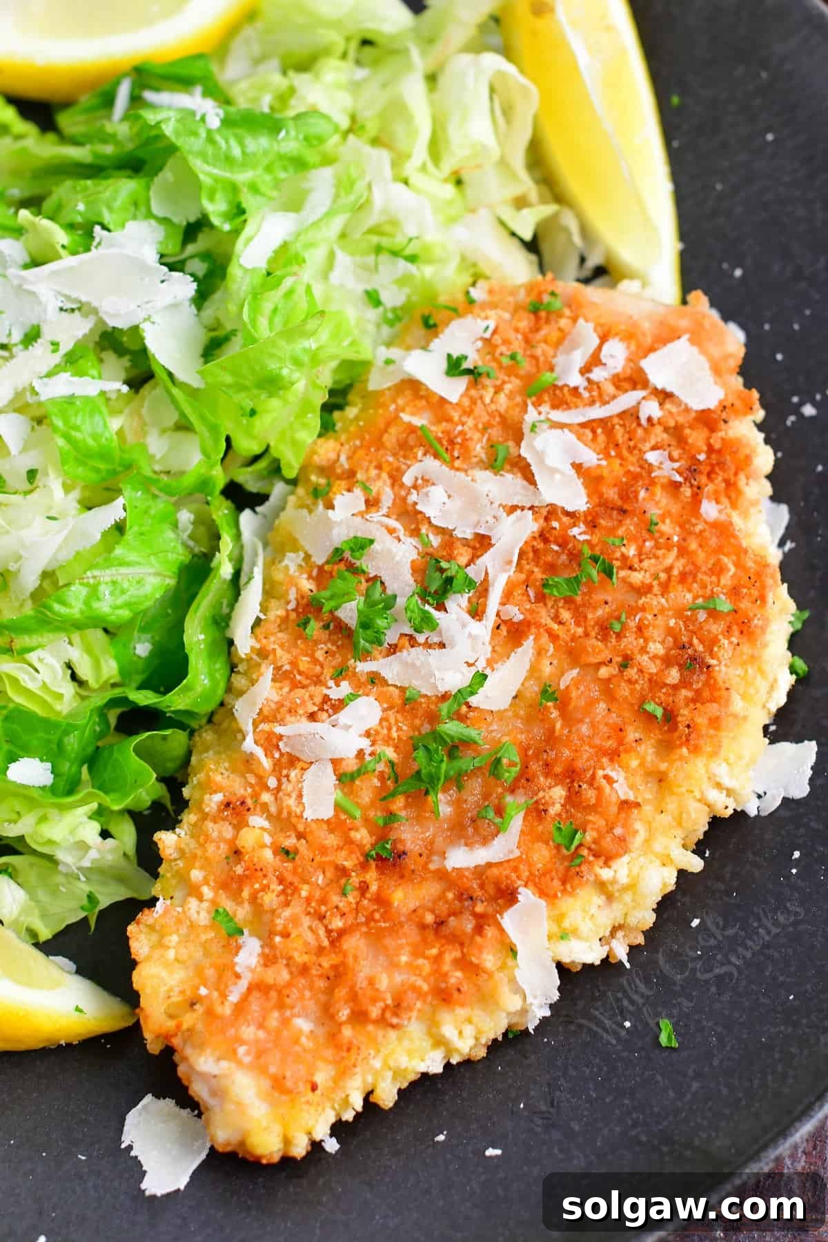 Chicken milanese is served with a side salad. 