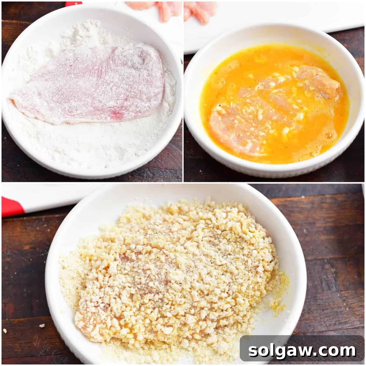 collage of three images of steps to bread chicken breast in panko bread crumbs for crispy chicken.