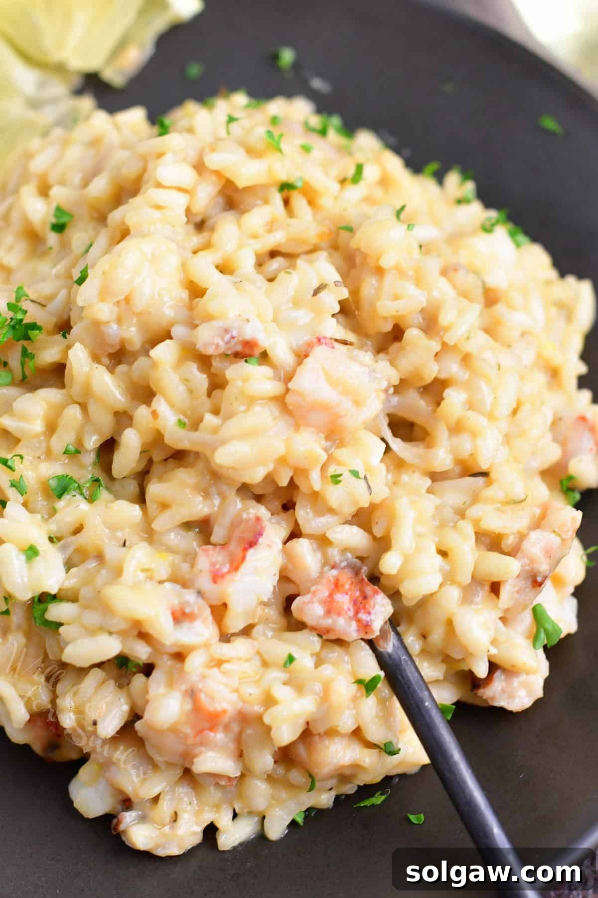 A serving of creamy lobster risotto in a bowl, with a fork scooping some out.
