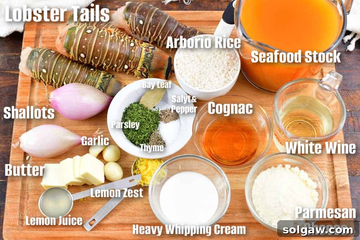 Labeled ingredients to make lobster risotto on the cutting board.