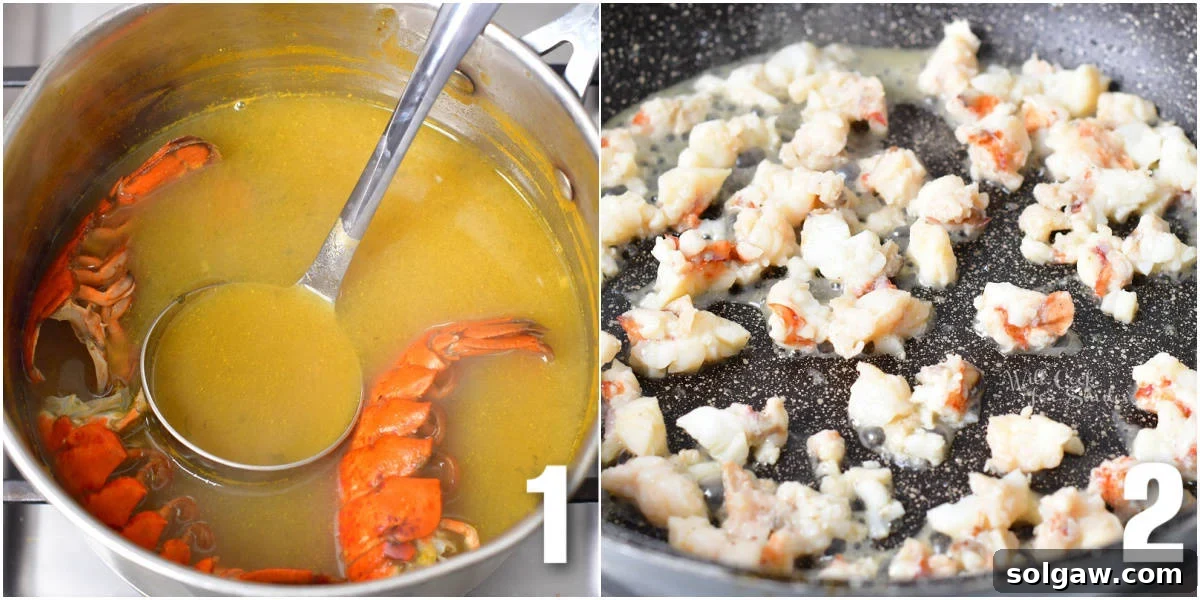 A collage of two images showing the process of heating seafood stock and sautéing lobster tail meat in a pan.