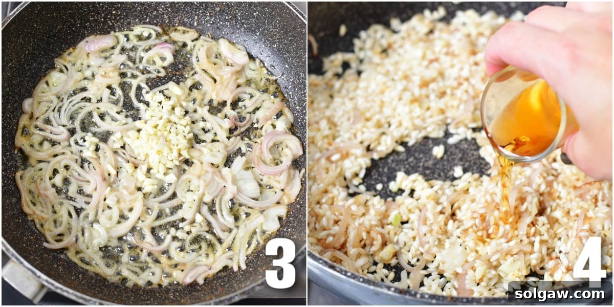 A collage of two images depicting the cooking process: sautéing shallots and garlic, followed by adding cognac to Arborio rice.