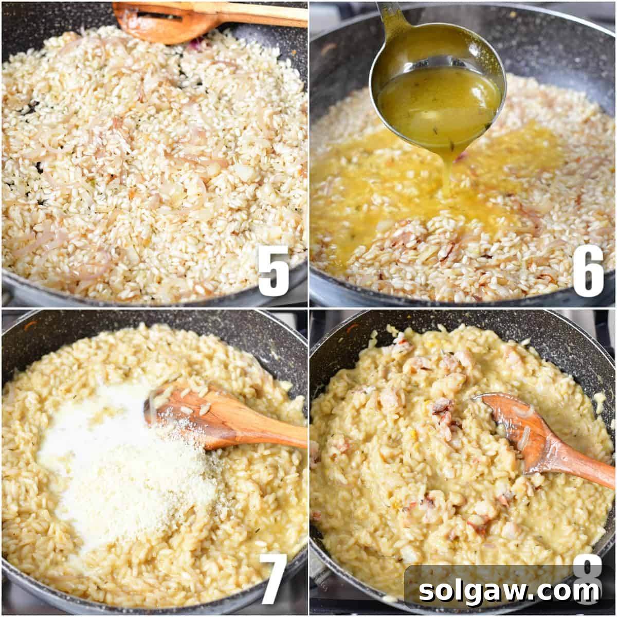 A collage of four images illustrating the cooking of risotto: adding more stock, then incorporating Parmesan cheese and heavy cream for the final creamy texture.