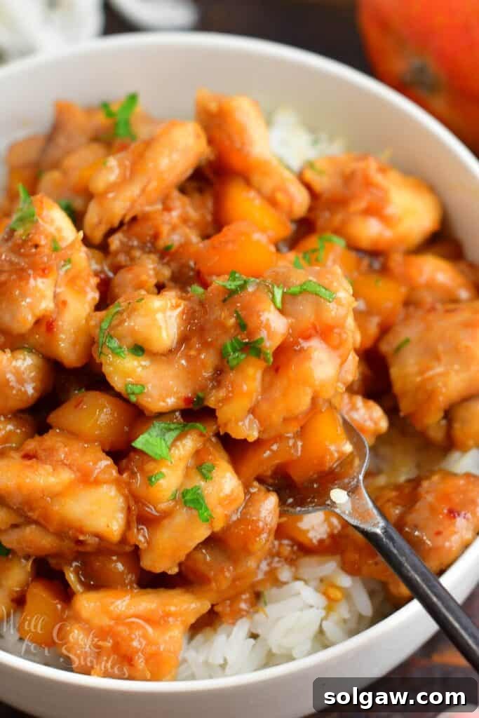 closeup of cooked mango chicken in a bowl with rice on a fork