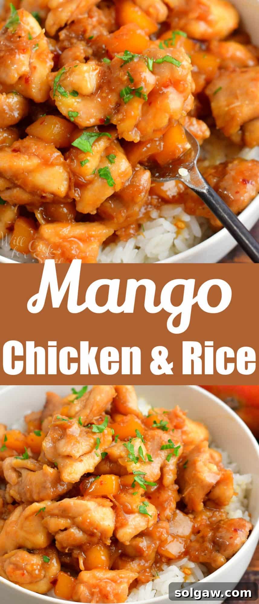 collage of two images of mango chicken in a bowl and close up on a fork