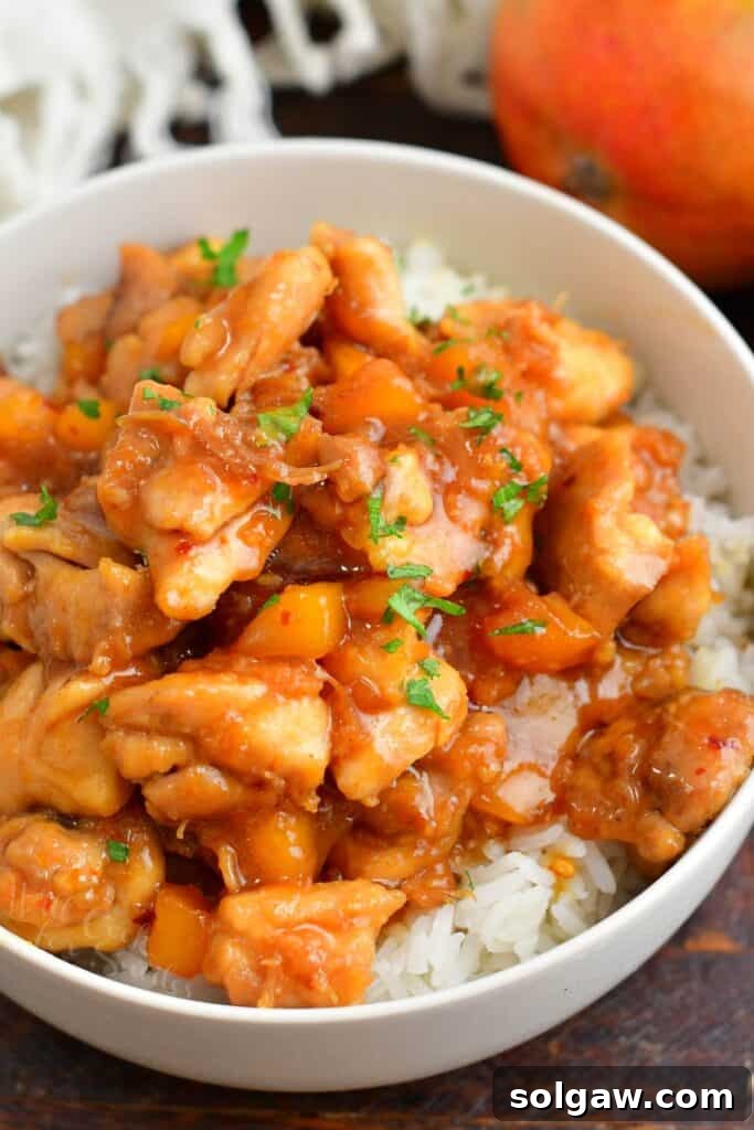 cooked mango chicken over rice in a white bowl