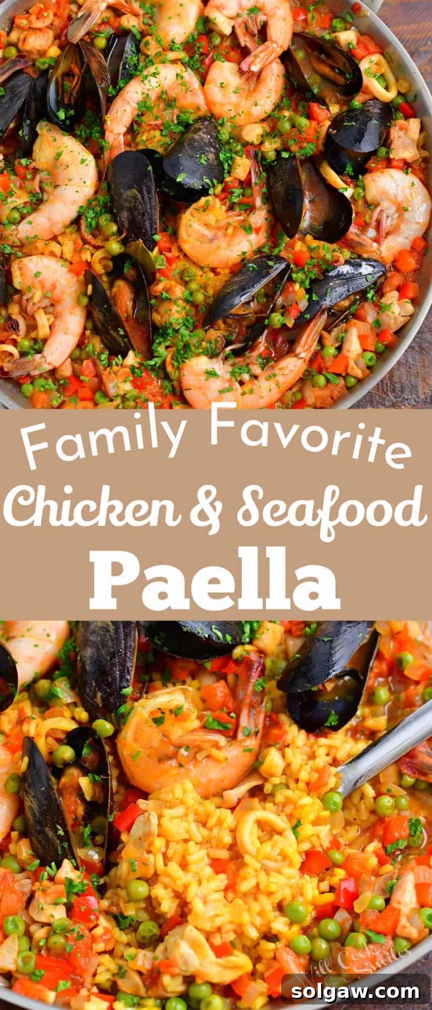 A Family's Cherished Paella 16 A collage of two images of paella in a pan with a title in the middle: 'Chicken and Seafood Paella'.