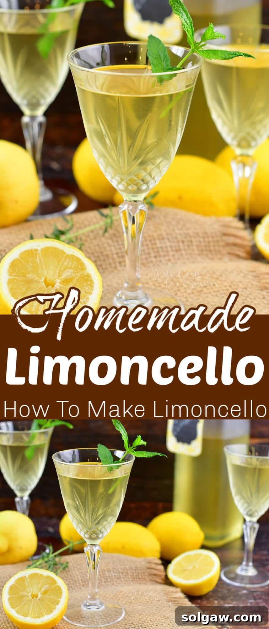 collage of two images of yellow limoncello cocktail in a glass with mint