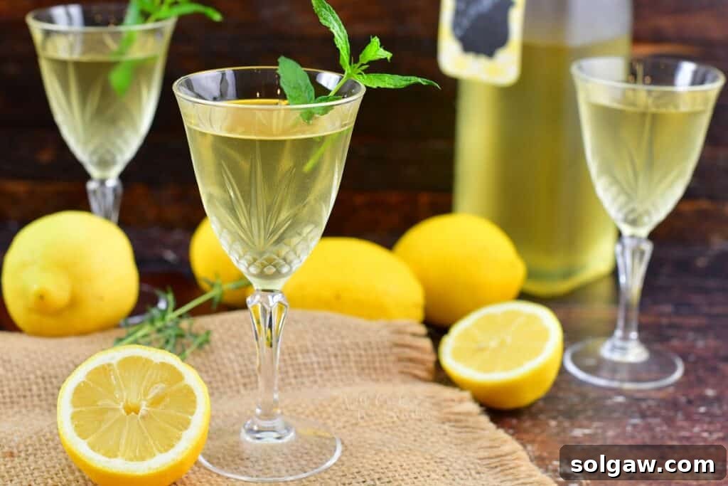 closeup of three glasses filled with lemon liqueur
