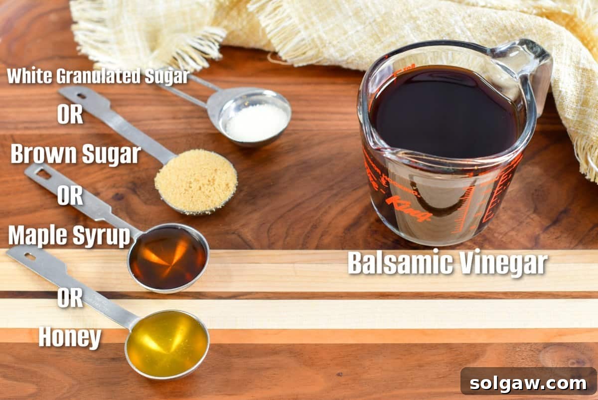 Velvet Balsamic Glaze 3 ingredients to make balsamic glaze on the wood cutting board.