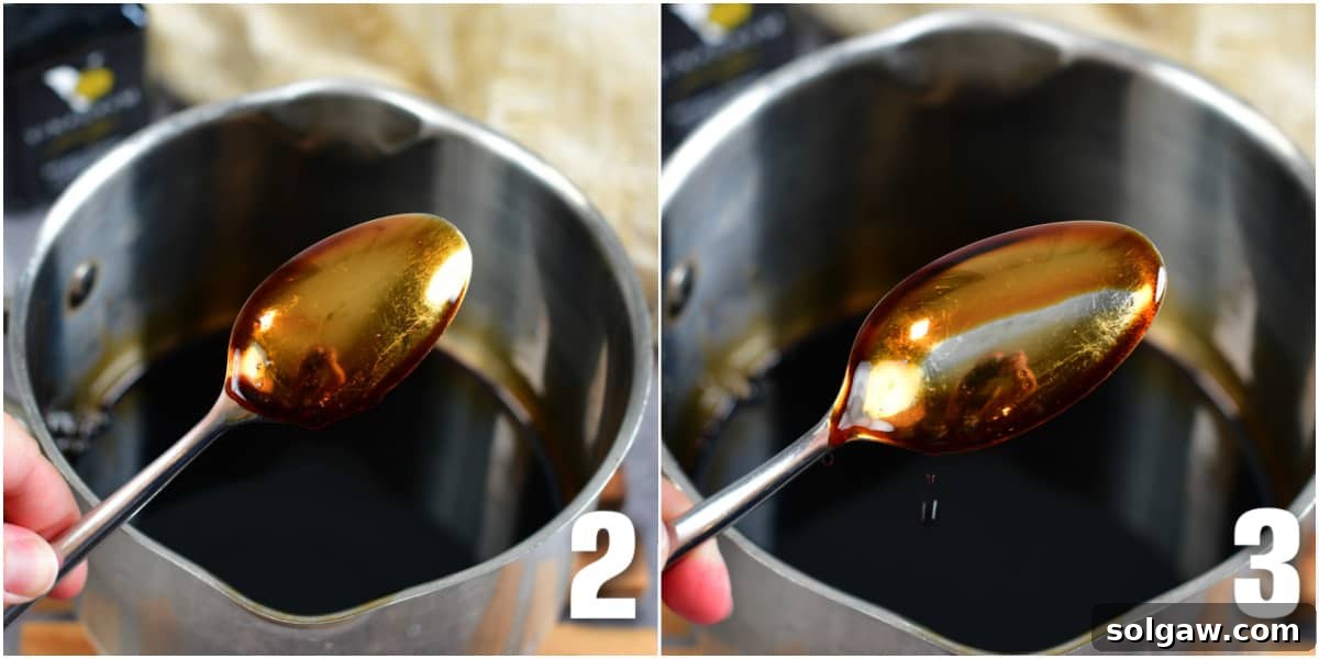 Velvet Balsamic Glaze 5 collage of holding a spoon coated with balsamic reduction and swiped reduction off the spoon.