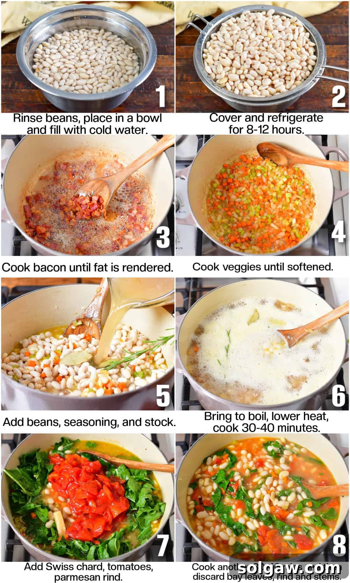 infographic of 8 images to show cooking steps for the white bean soup.