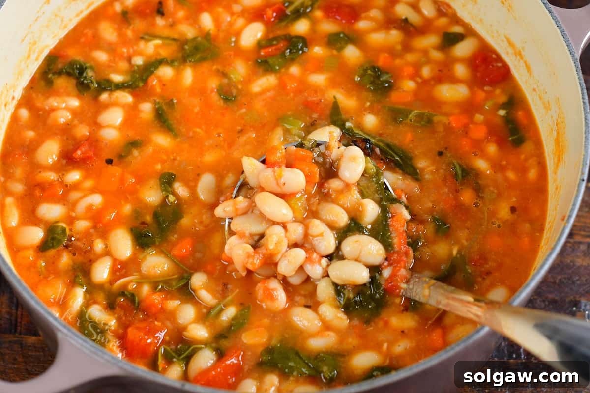 Fully cooked soup is in a pot.