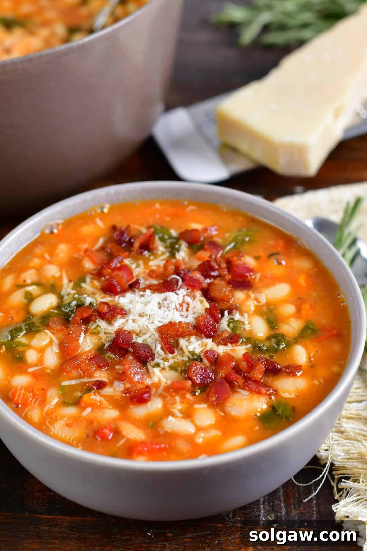 A bowl of soup is topped with parmesan and bacon bits.