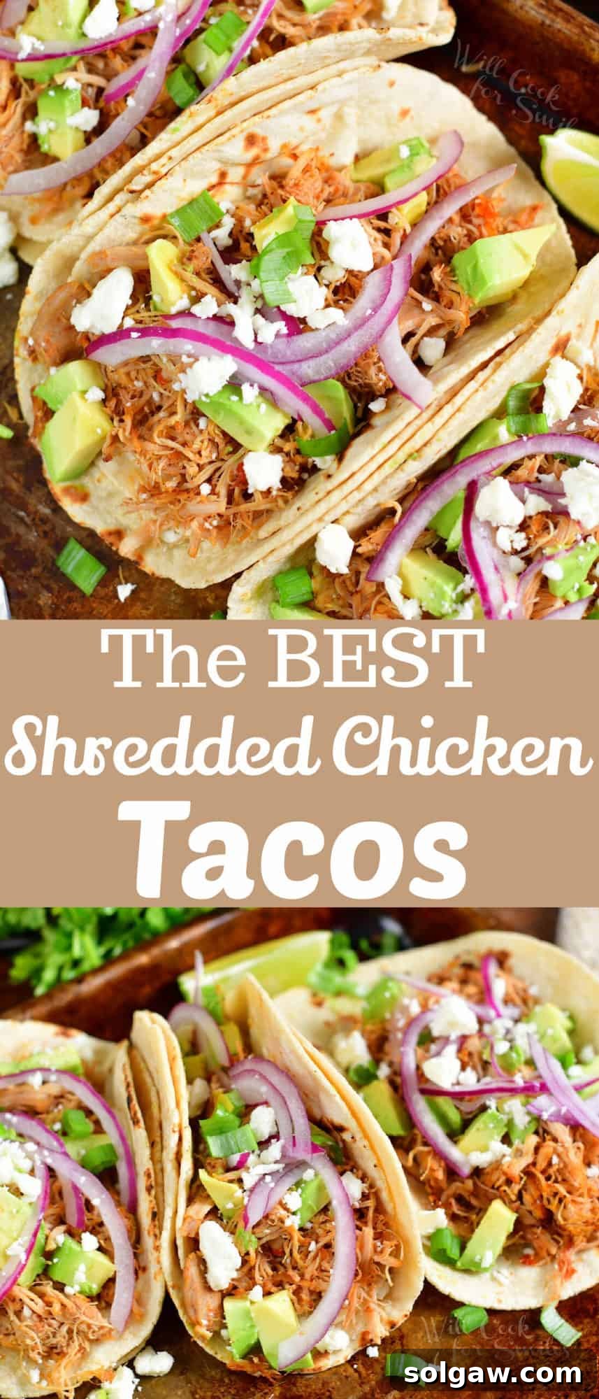 collage of two images of shredded chicken tacos with toppings and title in the middle