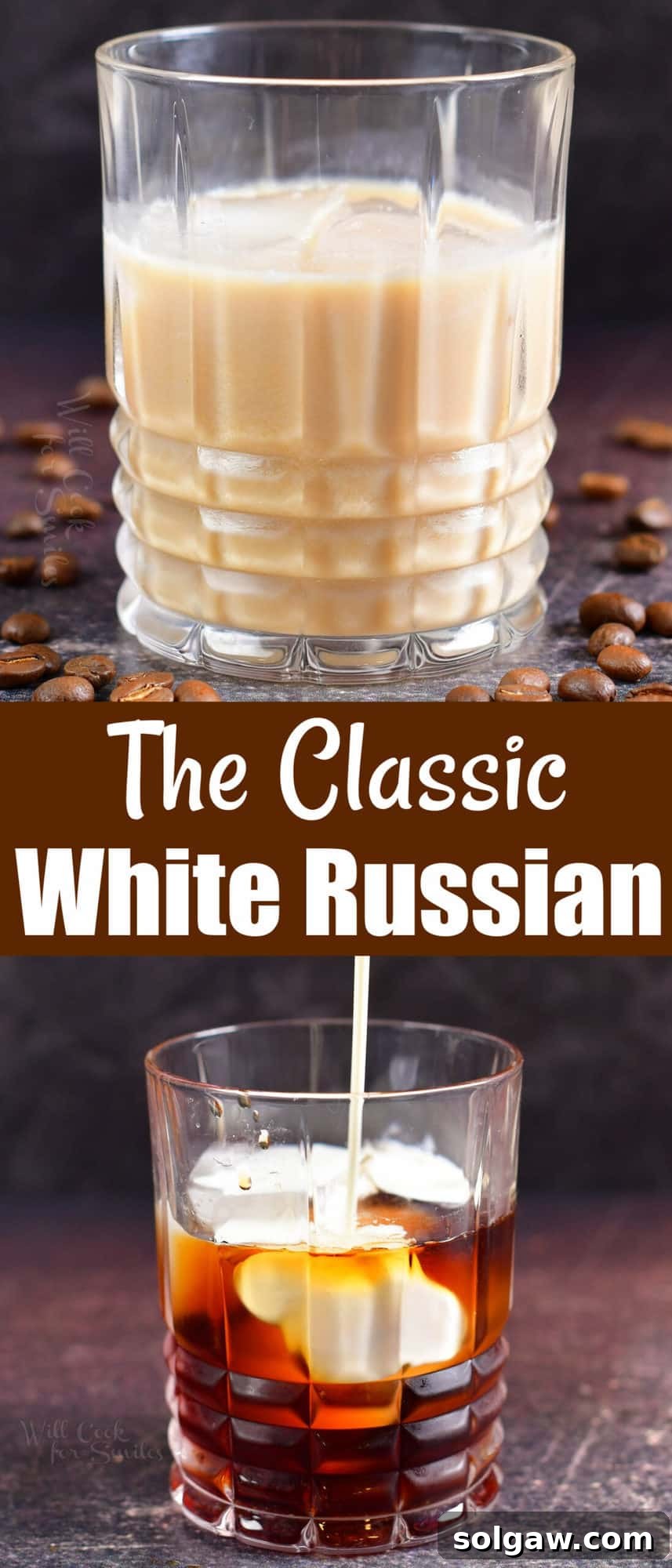 A visual guide showing a collage of two images: the top image displays a close-up of a creamy White Russian cocktail, and the bottom image shows the process of adding cream to the mixed spirits, creating an appealing swirl.