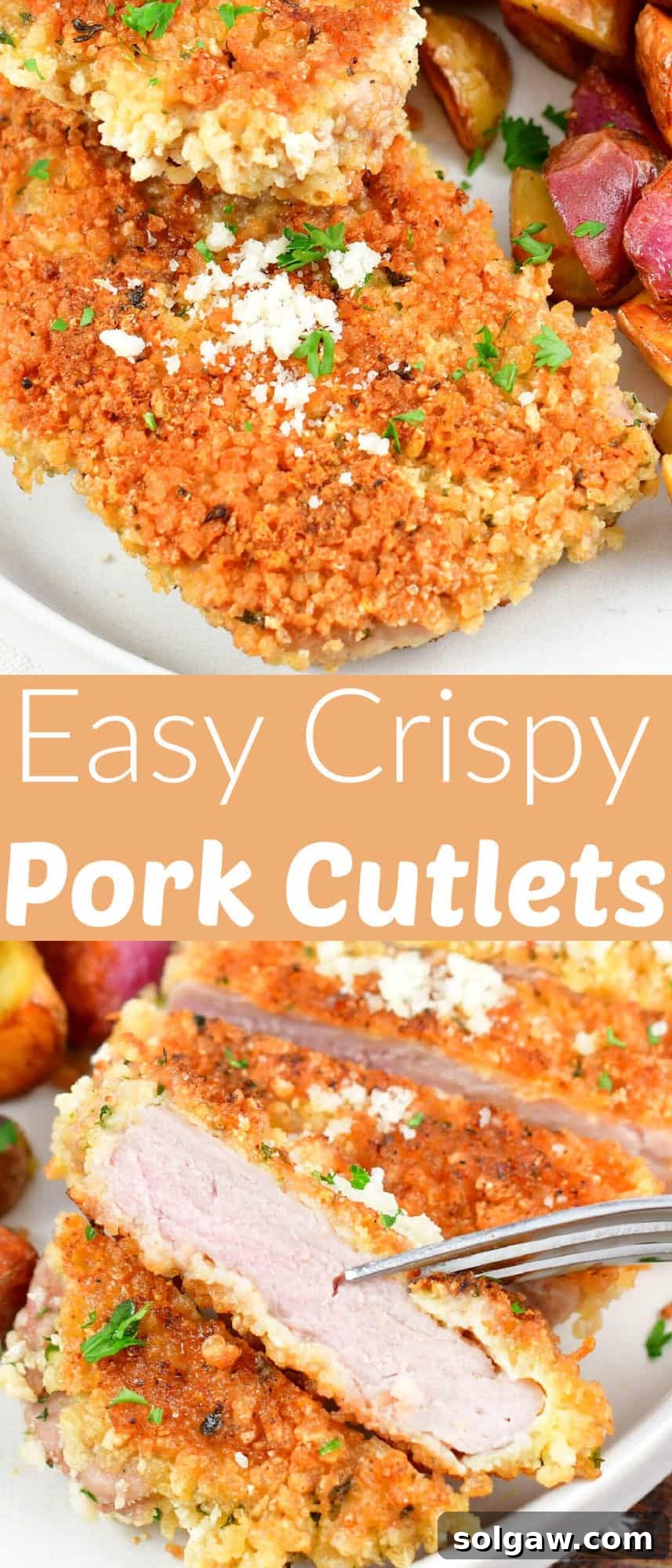 collage of two images of crispy pork cutlet and a slice cut off