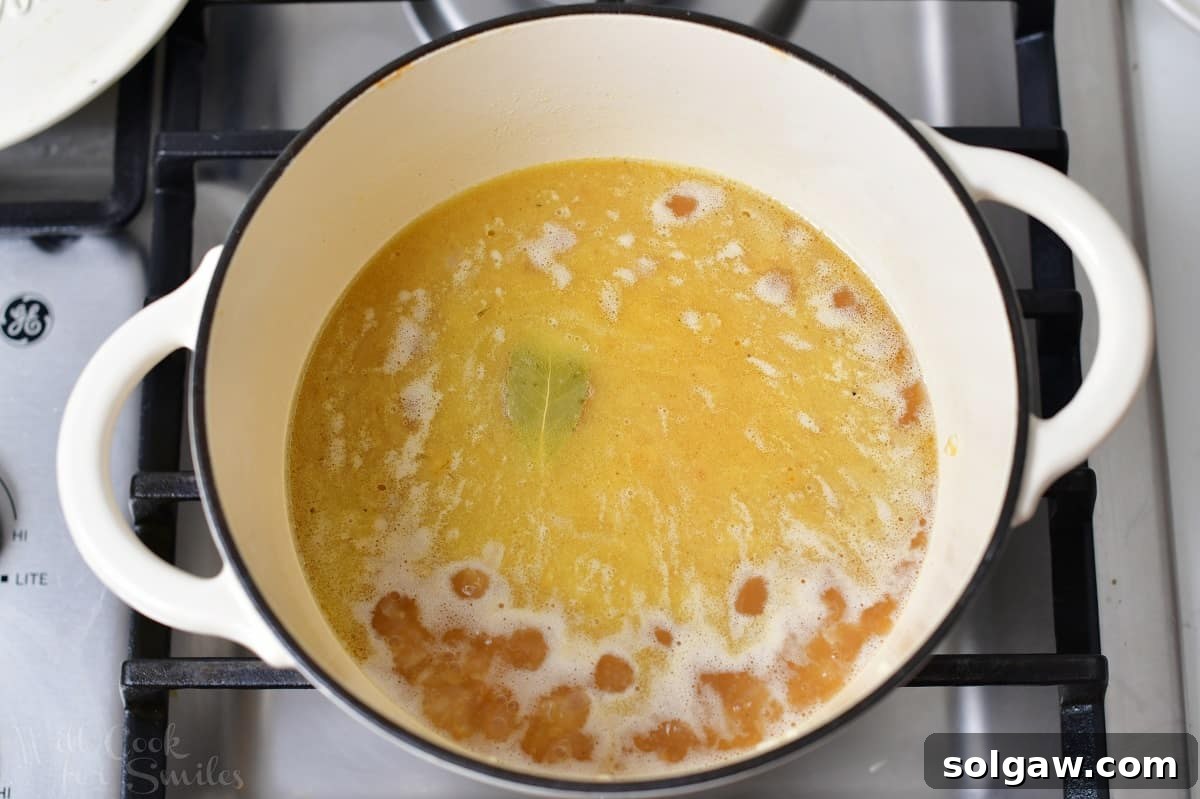Rice simmering gently in flavorful stock within a covered pot on low heat, cooking to tender perfection.