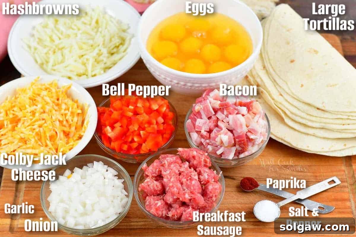 A top-down view of various fresh ingredients meticulously laid out on a wooden cutting board, all prepped for making delicious breakfast burritos. Includes eggs, cheese, bell peppers, onions, bacon, and sausage.
