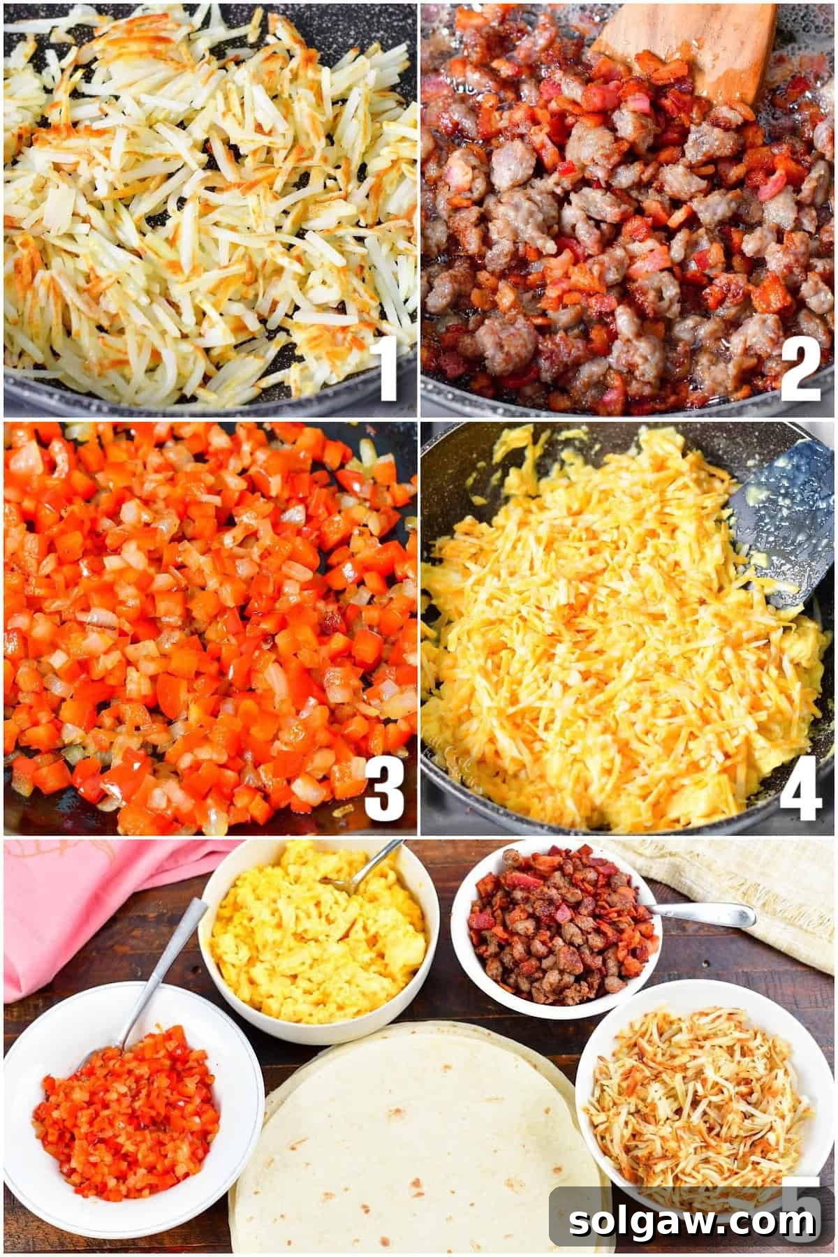 A collage of five distinct images, showcasing the step-by-step preparation of various elements for the breakfast burrito filling, from cooking hash browns to scrambling eggs.