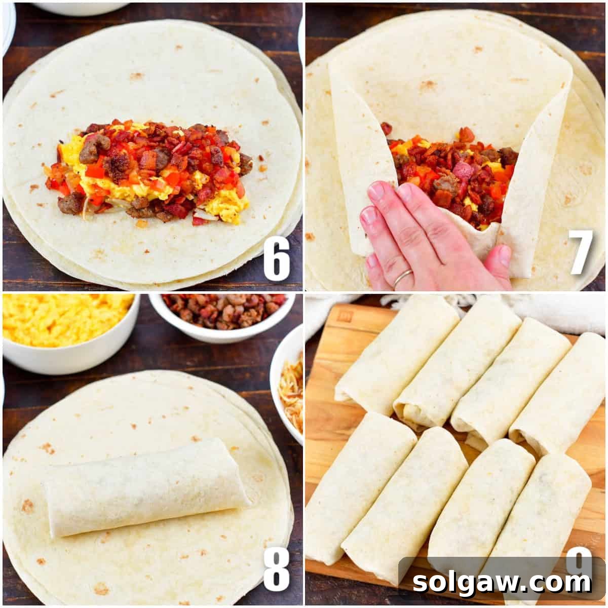 A collage of four images demonstrating the process of assembling and neatly wrapping breakfast burritos in tortillas.