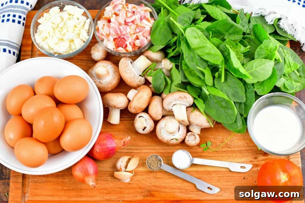 Simple Skillet Frittata 3 ingredients for a frittata on a cutting board