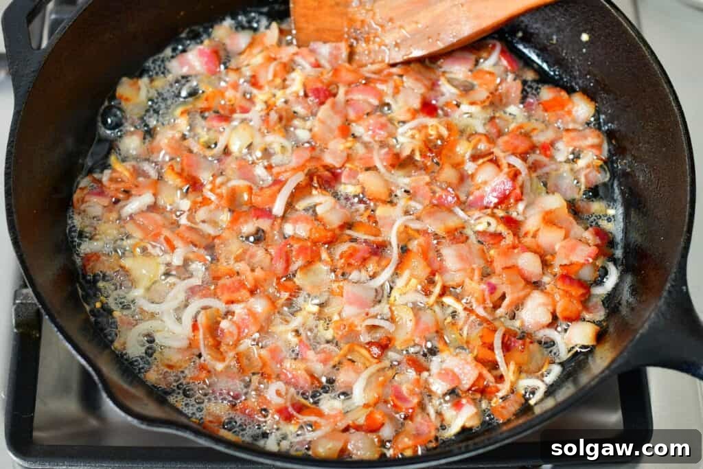 Simple Skillet Frittata 4 sautéing shallots and bacon in a skillet