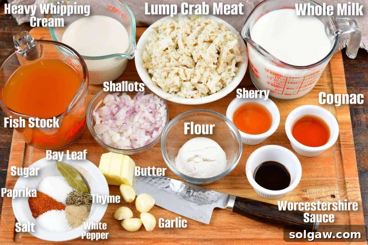 labeled ingredients to make she crab soup on a cutting board.
