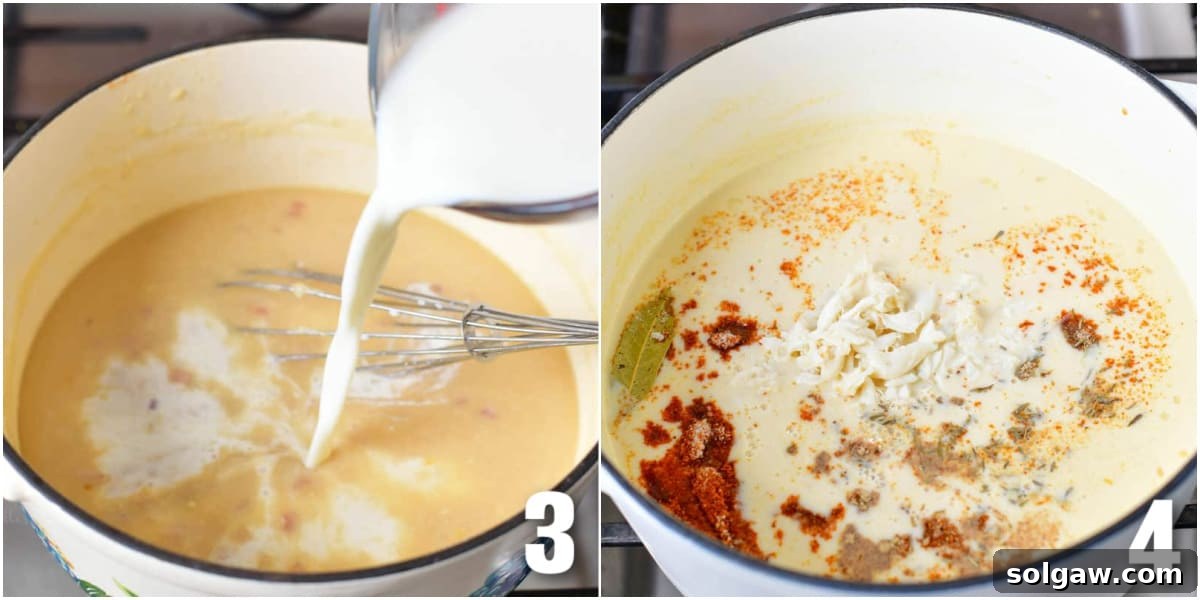 collage of two images of adding milk and seasoning and crab for the soup.