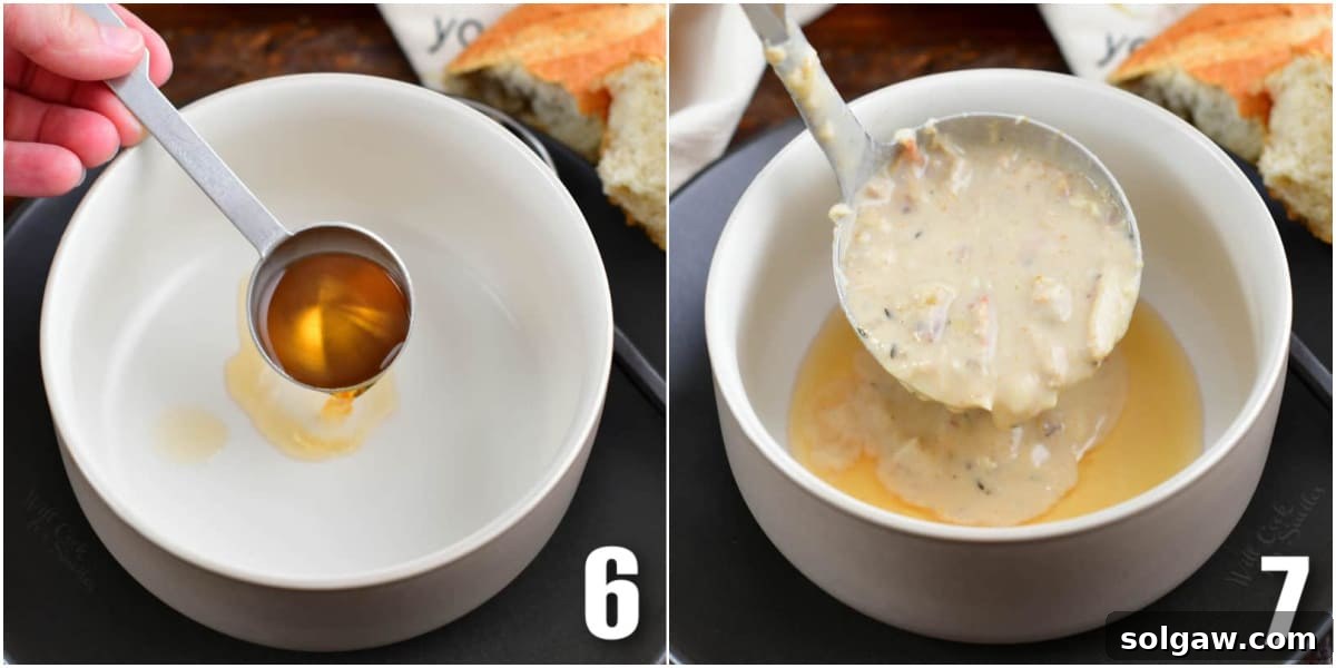 collage of two images of adding sherry to the bowl and adding soup to the bowl.