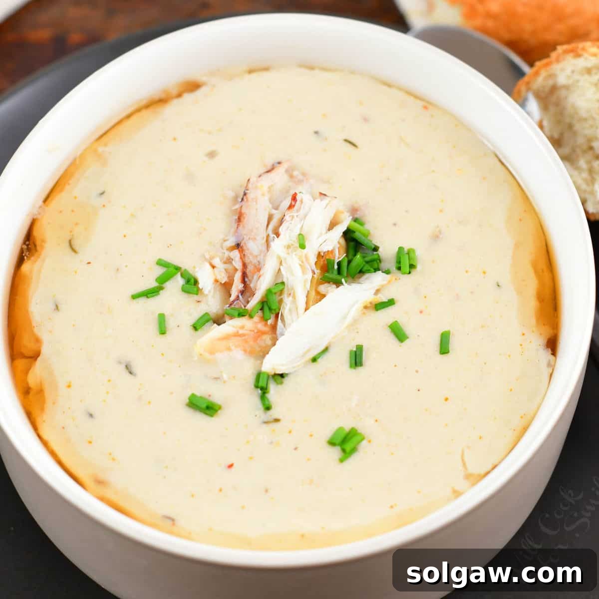 closeup image of crab soup in a bowl centered in a photo