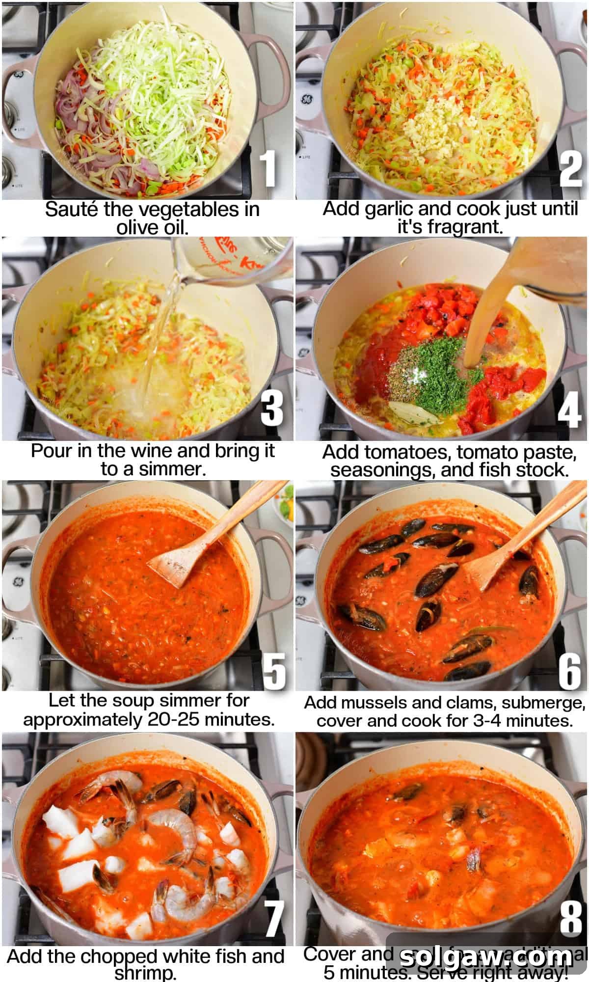 Infographic of sight photo steps to make the Cioppino with steps labeled.