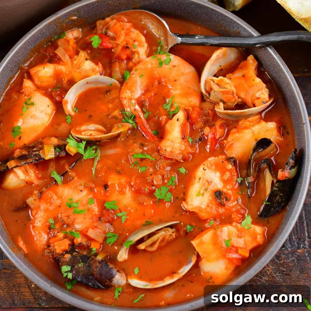 closeup of top view of Cioppino in a bowl