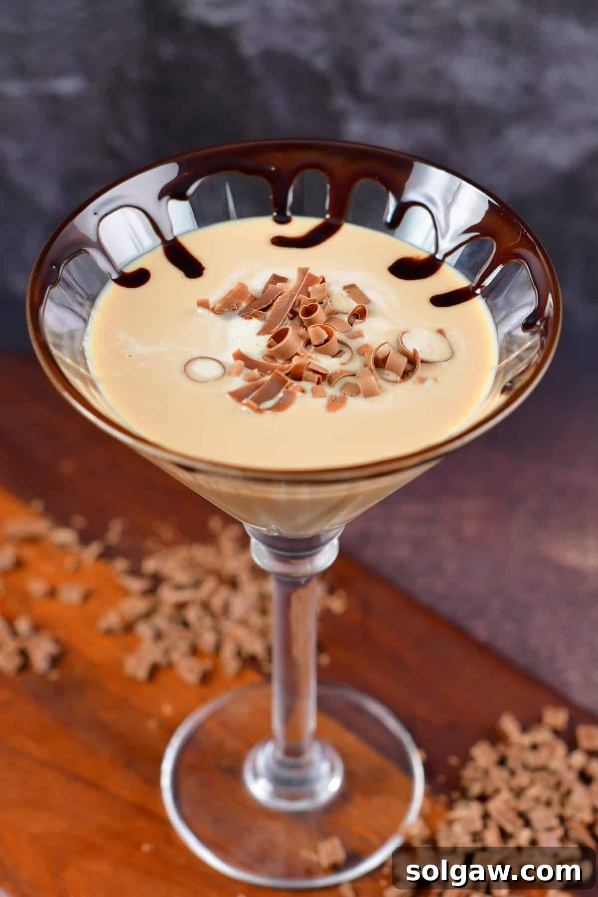 top look at the chocolate martini in a glass with chocolate rim