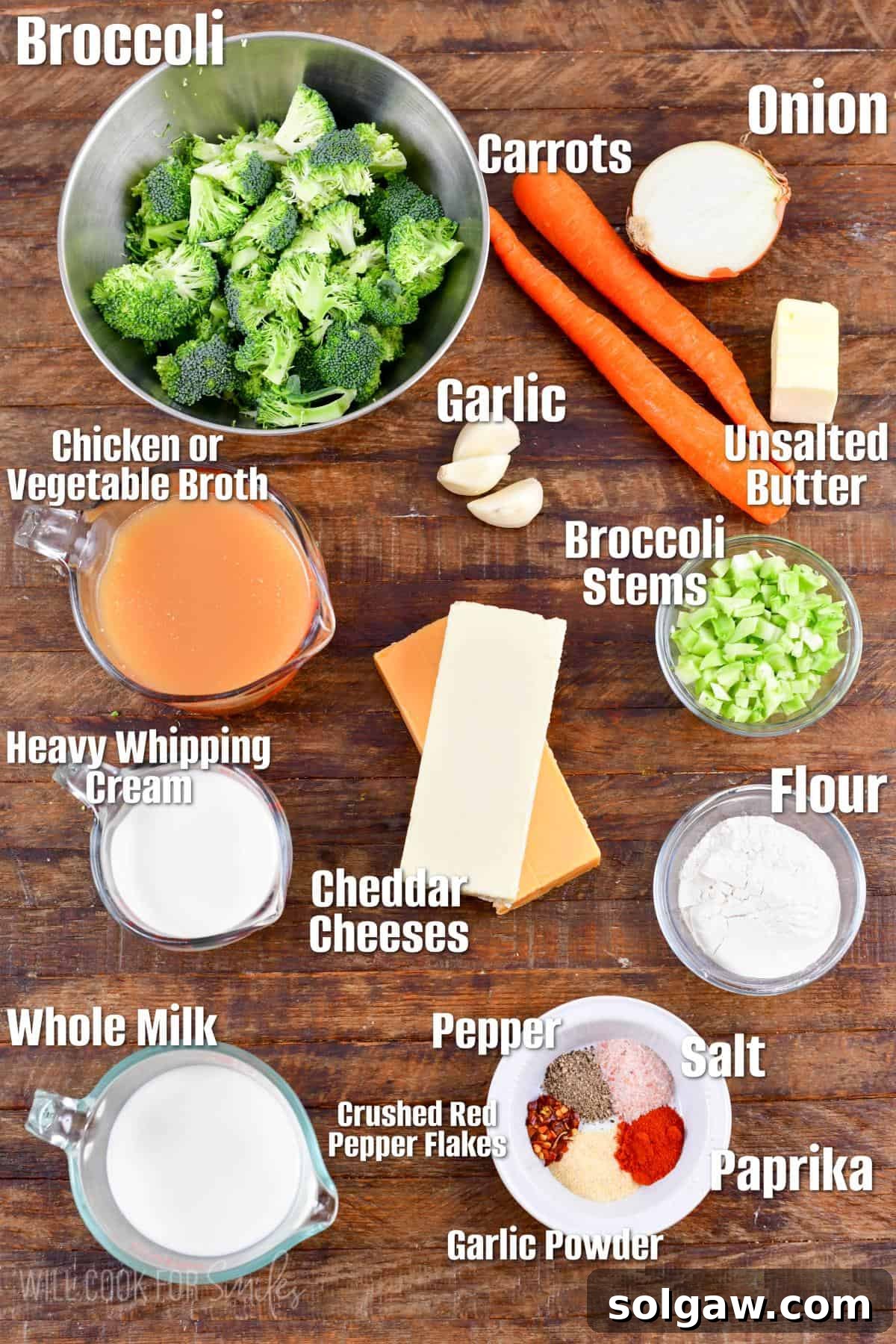 A collection of fresh ingredients including broccoli, carrots, onions, garlic, and cheddar cheese block on a rustic wooden background, ready for making soup.