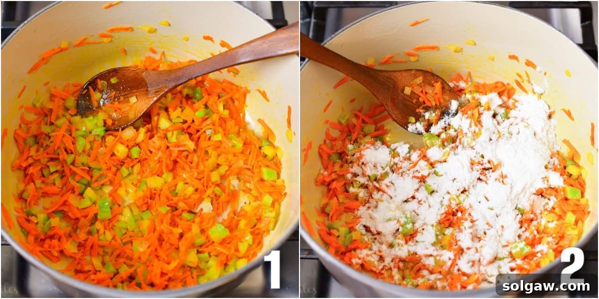 Two images side by side: one showing chopped carrots, broccoli stems, and onions sautéing in a Dutch oven, and the other showing flour being sprinkled over the softened vegetables.