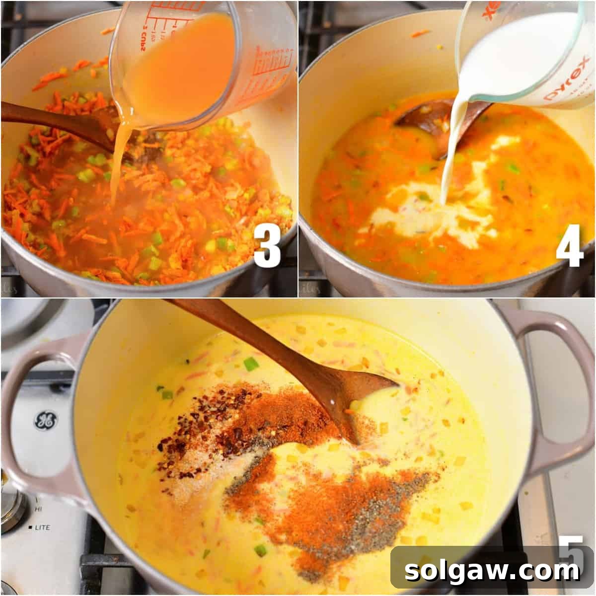 Three images showing the process of making broccoli cheese soup: adding chicken stock, then milk, and finally seasoning the simmering broth.