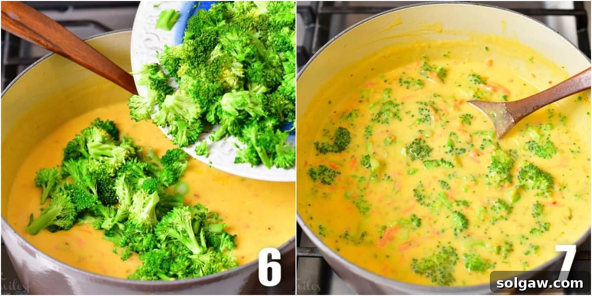 Two images: one showing steamed broccoli being added to the cheesy soup, and the other showing the final creamy broccoli cheese soup being stirred in the pot.