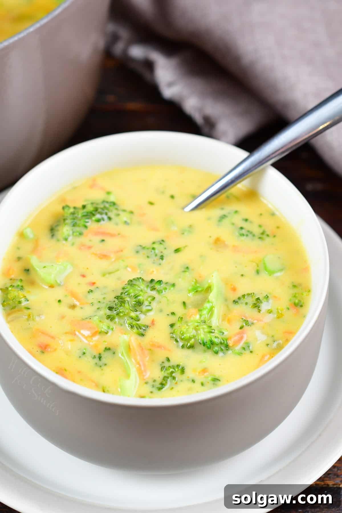 A perfectly portioned bowl of creamy broccoli cheese soup, garnished with a sprig of parsley, resting on a small, tan ceramic plate.