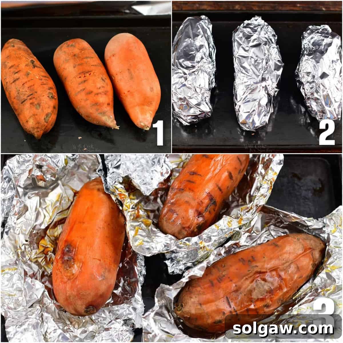 A step-by-step collage showing how to prepare and bake sweet potatoes for pie, from raw to perfectly tender.