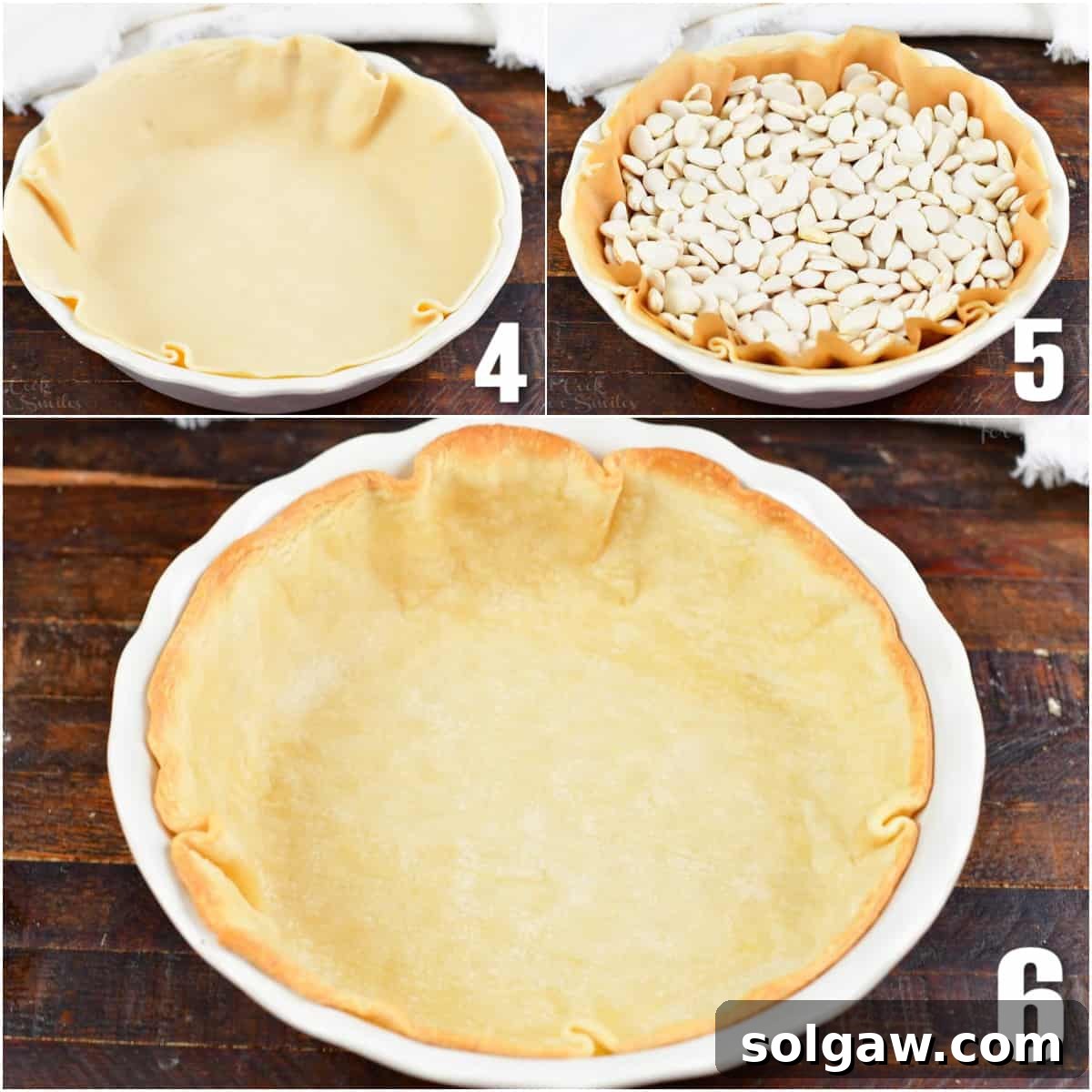 A visual guide to par-baking pie crust, showing dough in a dish, lined with parchment, and filled with pie weights.